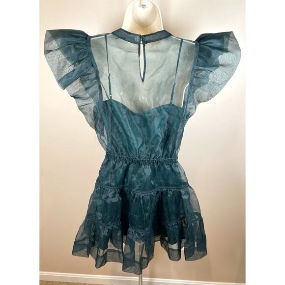 Jonathan Simkhai Monique Ruffle Sheer Organza Tulle Tiered Green Mini Dress Sz 2 - Picture 7 of 10